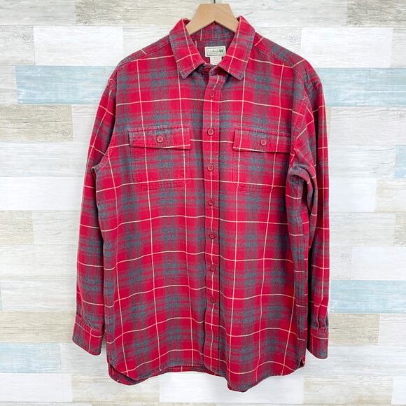 LL Bean Plaid Flannel Button Front Shirt Red Gray Vintage 90s Mens Large Tall LT - Picture 1 of 5